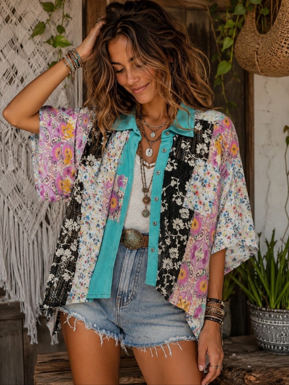 POL Patchwork Button-Front Shirt in Turquoise, Black, Pink
